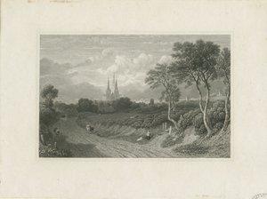 Lichfield Katedrali - Batı Görünümü (uzaktan): gravür ve [?18. yüzyıl] (baskı) by School English