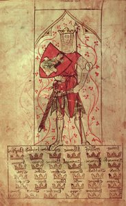 Roy 20 A II f.4r Kral Arthur ve Otuz Krallık, II. Edward döneminde (1248-1327) yazılmıştır. by School English
