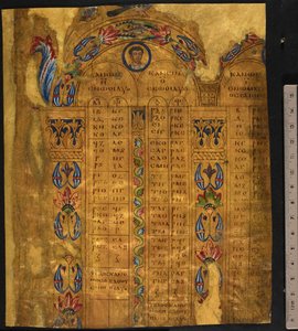 Canon tabloları, 6.-7. yüzyıl, Add MS 5111, f.11r (parşömen üzerine altın varaklı kalem ve mürekkep)