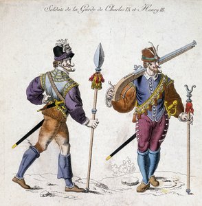 Charles IX (1550-1574) ve Henry III (1574-1589) muhafızlarının askerlerinin kostümleri. by School French
