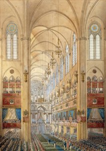 2/12/1804 tarihinde Napolyon I (1769-1821) kutsal sırasında Notre Dame de Paris katedralinin iç. 1804 civarında suluboya. Ile d
