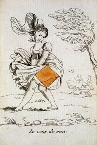 Oynamak için eski kart: elmas ası - bir kadının eteğini kaldıran “” Rüzgar esintisi”””. Musée de la Carte à Joucher, Issy-les-Moulineaux. by School French