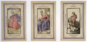Kral (sarışın adam), kraliçe (sarışın kadın) ve binici (bitirme) kupasıyla oynamak için eski kartlar. Musée de la Carte à Joueur, Issy-les-Moulineaux. by School French
