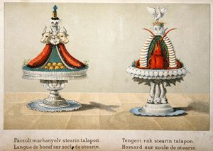 Stearin yatağında öküz dilinin sunumu ve ıstakoz için tasarım, Fransız yemekleri üzerine bir Macar yemek kitabından illüstrasyon, c.1880 (renkli taş) by School Hungarian