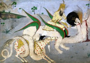 Bir ejderhaya saldıran atlı bir savaşçı, Hint mistikleri üzerine bir kitaptan örnek (kart üzerine monte edilmiş kağıt üzerine mürekkep) by School Indian