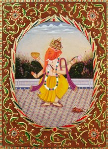 Lord Ganesha Ganpati Nakışlı Kağıt Üzerine Minyatür Resim by School Indian