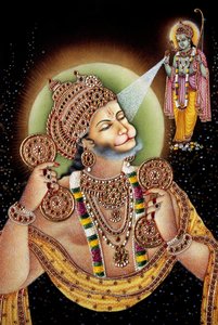 Lord Hanuman ve Rama Kağıt Üzerine Minyatür Tablo by School Indian