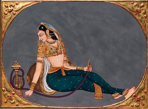 Kağıt Üzerine Minyatür Resim Nargile Keyfi Yapan Kadın by School Indian