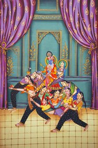 Radha Krishna Sakhis#39;in Kağıt Üzerine Minyatür Tablosu ile by School Indian