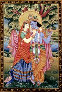 Radha ve Krishna Aşk Sahnesi Kağıt Üzerine Minyatür Tablo by School Indian