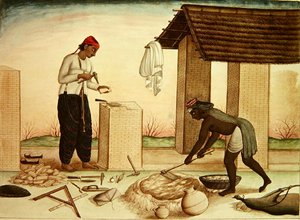 Ev İnşa Eden İşçiler (kalem ve mürekkep ve kağıt üzerine sulu boya) by School Indian