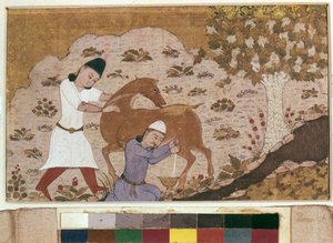 Onager Sağım, 15. yüzyıl sonu (suluboya, guaj, beyaz renk, kağıt üzerine mürekkep) by School Iranian