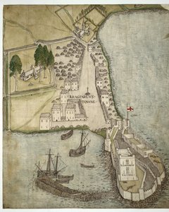 Carrickfergus Kalesi ve Kasabası, İrlanda, c.1560 (kalem ve mürekkep ve kağıt üzerine suluboya)