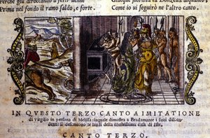 Bradamante, Este hanedanını kendisinin ve Roger'ın (Ruggero, Ruggiero) kurduğunu söyleyen sihirbaz Melisse ile tanışır, Ludovico Ariosto'nun (1474 - 1533) şövalye şiiri “Orlando Furioso”nun (Öfkeli Roland) sahnesi L'Arioste'den alınmıştır.  by School Italian