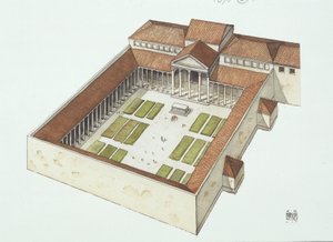 Titus Flavius Vespasianus (renkli taş) tarafından inşa edilen yeniden yapılandırılmış Forum by School Italian