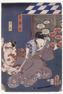 Çocuk Someki Yalvarıyor; Kılıçla Geri Düşen Anne (renkli gravür) by School Japanese