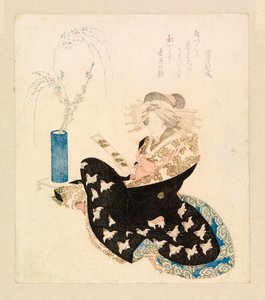 Tanzaku okuyan fahişe (renkli gravür) by School Japanese