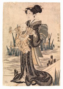 Bir çocuğu tutan Japon kadın (renkli tahta blok) by School Japanese