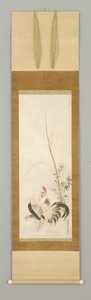 Kakemono, horoz ve tavuk w/çiçekler by Japanese School