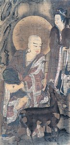 Genç keşişi geyikle betimleyen dini resim, ipek üzerine resim, Japon uygarlığı, Heian dönemi, 794-1185 by School Japanese
