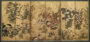 Yaz ve sonbahar çiçekleri, Edo Dönemi (kağıt üzerine altın rengi) by Japanese School