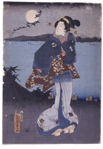 Göl Kenarında Dolunayı İzleyen Kadın ve Kazların Azalan (renkli gravürler) by School Japanese