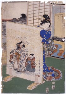 Kadın Tsuitate W/ S. "Kunisada" Resminin Arkasında Duruyor (renkli gravür) by School Japanese