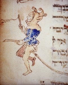 Bir mahkeme soytarısı. 13. yüzyıl Yahudi el yazması. Biblioteca Palatina, Parma.