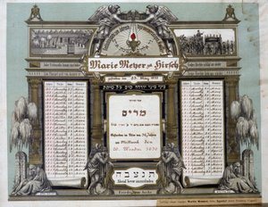 Ölen bir yakın akrabanın Gelecekteki Morg Hizmetleri için anma takvimi. Jahrzeit tablosu. Yahudi Müzesi Basel, İsviçre. by School Jewish