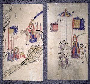Üç krallığın hikayesini tasvir eden sekiz katlı bir perdeden bir panel (kağıt üzerine doğal pigmentler) by School Korean