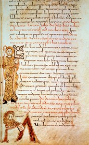 Aziz Matta; M harfi (Saint Mark aslanının başı). Sayfa “” Gellone Sacramentary”, folio 42. Aydınlatılmış David, v. 790, Fransa, Meaux veya Cambrai. BN, Paris
