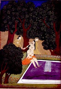 Havuz başında bir bayan, Johnson Album IX, no.16, c.1780 (kağıt üzerine altın kaplama guaj) by School Mughal