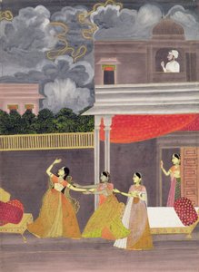 Geceleri bir fırtınadan getirilen bir bayan: Madhu Madhavi müzikal modundan bir örnek, c.1760 (kağıt üzerine guaj)