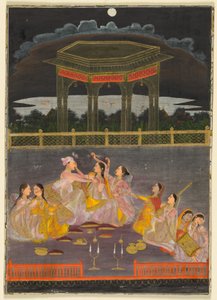 Geceleri bir terasta saray kadınlarıyla bayram kutlayan bir prens; verso: bir dörtlüğün kaligrafisi, c. 1760 (kağıt üzerinde opak suluboya ve altın (recto); kağıt üzerinde mürekkep, dört satır Farsça şiir (verso))