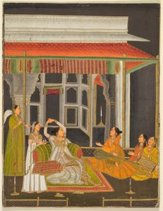 Gece terasta bir prenses ve refakatçileri (recto); Kaligrafi (verso), c. 1760 (kağıt üzerine altınla opak suluboya) by School Mughal