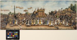 Ekber Şah II, devasa bir tören alayı içinde bir file biniyor, c.1835 (opak suluboya ve fildişi üzerine altın rengi)