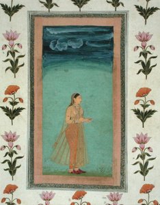 Küçük Clive Albümünden bir çiçek tutan kadın (kağıt üzerine opak sulu boya) by School Mughal