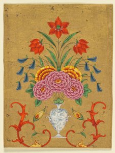 Çiçek aranjmanlı ve parşömenli vazo, 1750-1800 civarı (kağıt üzerine altın yaldızlı opak suluboya) by School Mughal