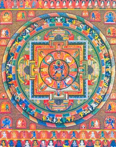 Ana tanrı Sambhara'yı eşi Vajrabarahi'yi kucaklarken tasvir eden Chakrasambhara Mandala, yüce mutluluğa ulaşmak için bilgelik ve uygulama birliğini simgeliyor (kumaş üzerine guaş) by School Nepalese