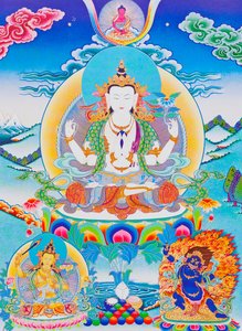 Altı heceli "Om Mani Padme Hum"un efendisi Chenresi'yi tasvir eden resim (kumaş üzerine guaş) by School Nepalese