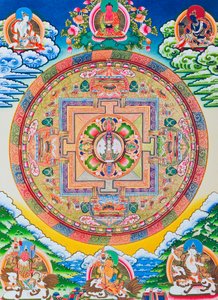 Bin kollu Mandala Avalokiteshvara; sonsuz şefkati simgeleyen on bir başlı Bodhisattva'yı tasvir eden kutsal, büyülü daire (kumaş üzerine guaş)