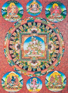 Beyaz Tara Mandala; Budist panteonunun şefkat tanrıçasını ve insanların koruyucusunu temsil eden yedi gözlü dişi tanrısı (kumaş üzerine guaş)