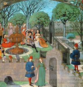 Harl 4425 f.12v Bahçe sahnesi, âşık ve kadın Oyseuse (Boşluk), bahçe duvarlarının dışında, 