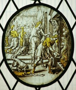 Roundel: Tobias balığın karaciğerini yakar (vitray) by School Netherlandish