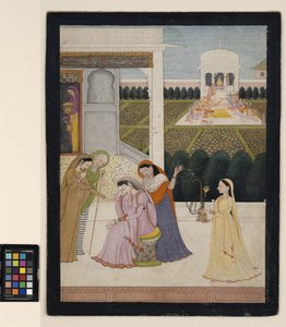 Bir bayan avuntu, diğerleri Holi oynuyor, c.1790 (kağıt üzerinde opak suluboya, gümüş ve altın)
