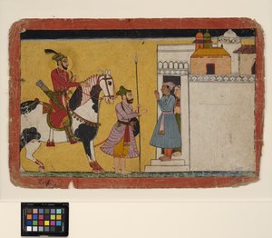 Bir prens avı bir evin kapısında durur, c.1700 (kağıt üzerinde opak w/c ve altın rengi)