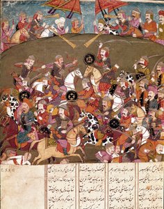 İslam sanatı: savaş sahnesi. Firdevsi (Firdevsi veya Ferdawsi veya Firdousi, yaklaşık 940-1020 civarı) Biblioteca Nazionale Naples tarafından yazılan “Shahnameh” (Şahname, Şehname) (Krallar Kitabı) adlı epik şiirin bir el yazmasından Farsça minyatür