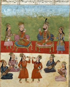 İslam sanatı: bir haremde konser ve eğlence. Firdevsi (Firdevsi veya Ferdawsi veya Firdousi, yaklaşık 940-1020 civarı) Biblioteca Nazionale Naples tarafından yazılan “Shahnameh” (Şahname, Şehname) (Krallar Kitabı) adlı epik şiirin bir el yazmasından Farsça by School Persian