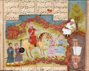 İslam sanatı: Bir ağacın dibine diri diri gömme, bir düşmanın işkence sahnesi. Firdevsi'nin (Firdevsi veya Ferdawsi veya Firdousi, yaklaşık 940-1020 civarı) “Şahname” (Şahname, Şehname) (Krallar Kitabı) adlı epik şiirin bir el yazmasından Farsça minyat