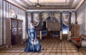 Neo-Klasik Oturma Odası İç Mekanında Bir Kız Kızı, c.1835 (kağıt üzerinde kabartmalı suluboya) by School Russian